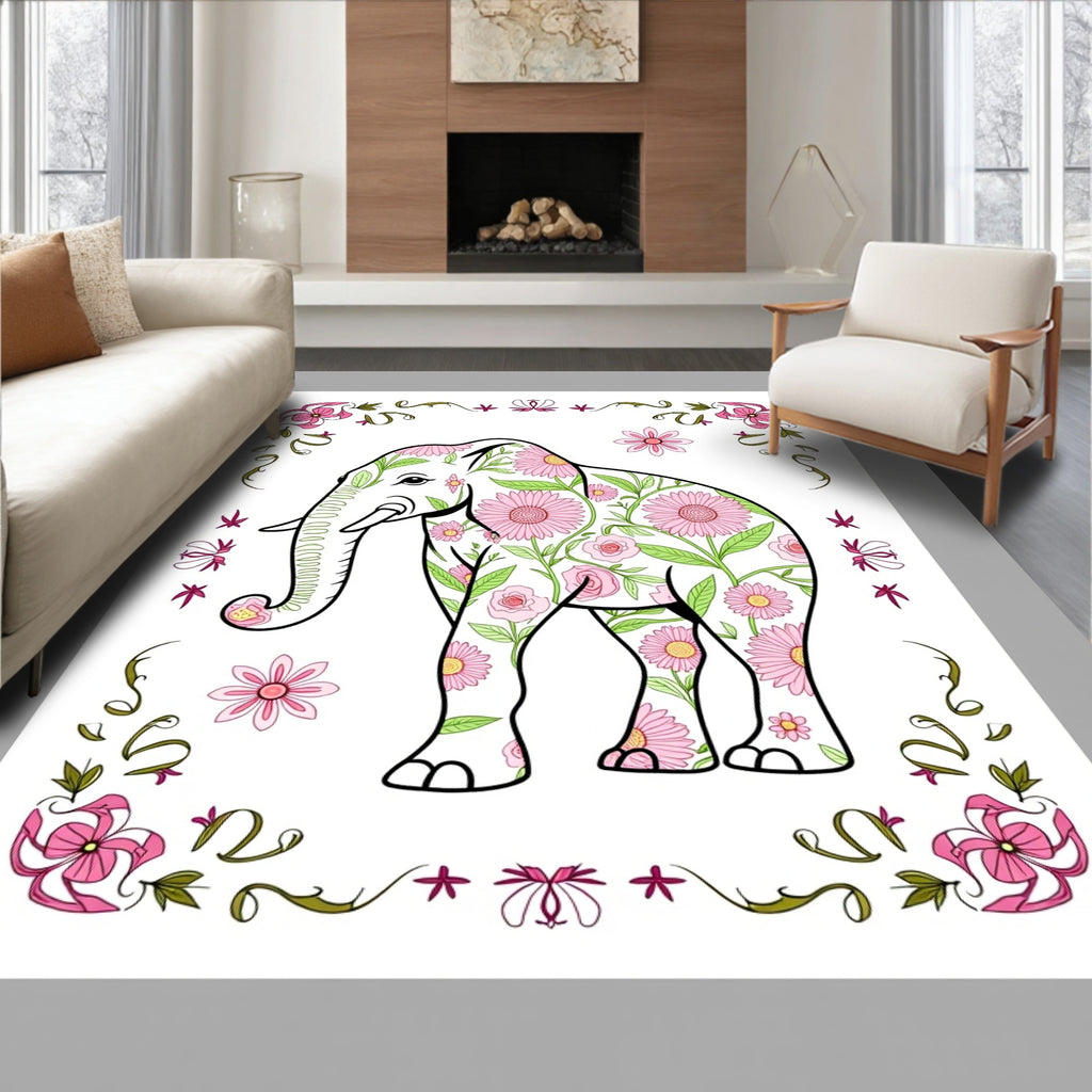 Pink Floral Elephant Whimsical Garden Rug