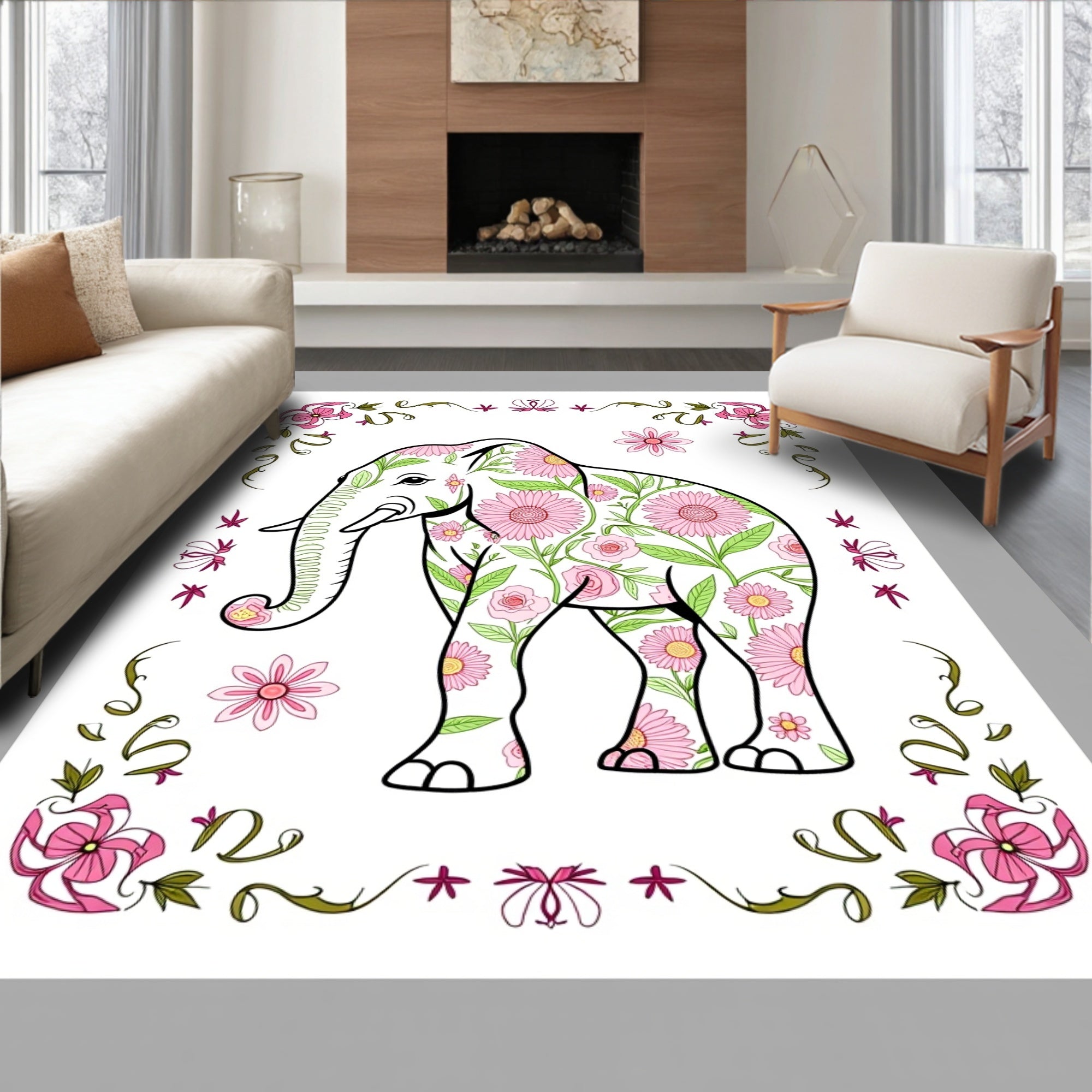 Pink Floral Elephant Whimsical Garden Rug