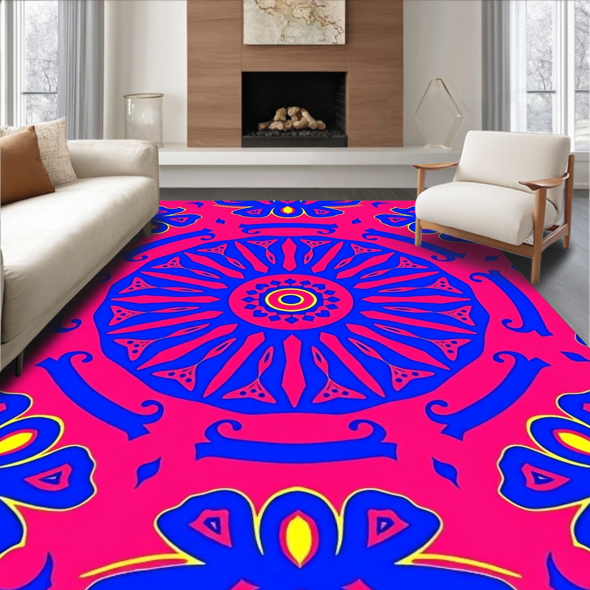Vibrant Pink Blue Sunburst Medallion Rug