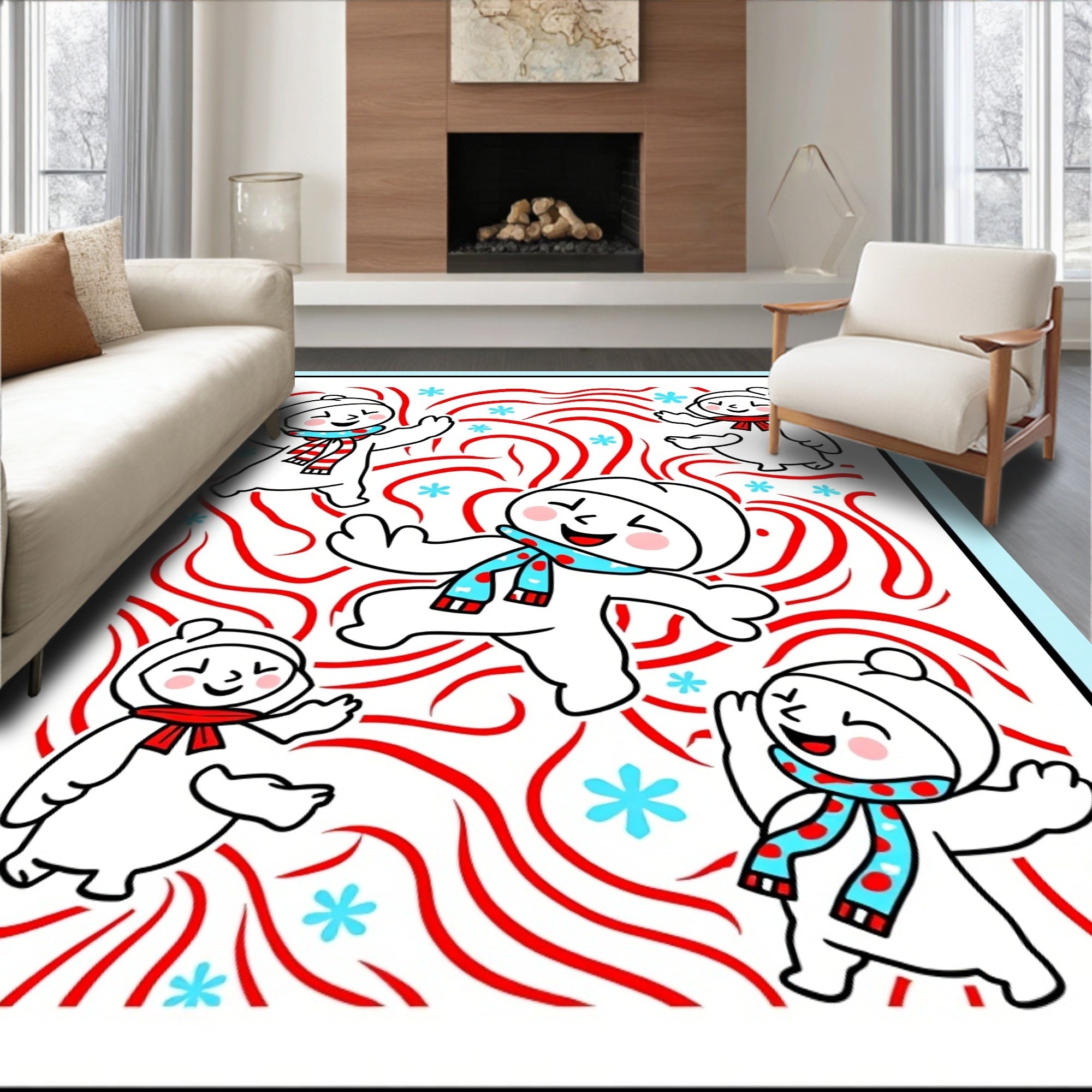 Playful Snowmen Red Swirls Blue Snowflakes Rug