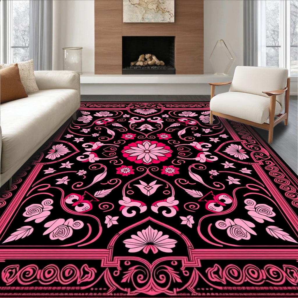 Dramatic Pink Floral Swirl Accents Rug