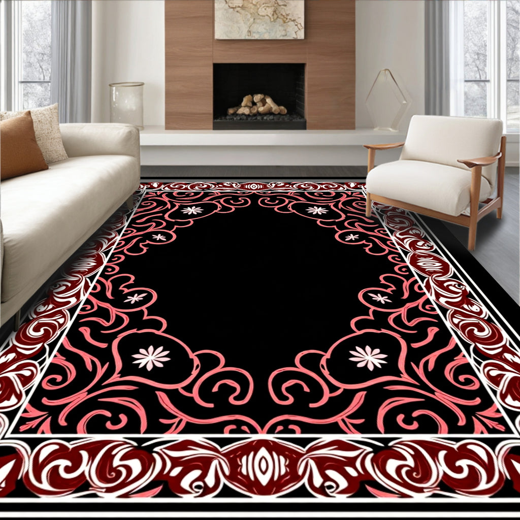 Ornate Coral Swirl Floral Border Rug