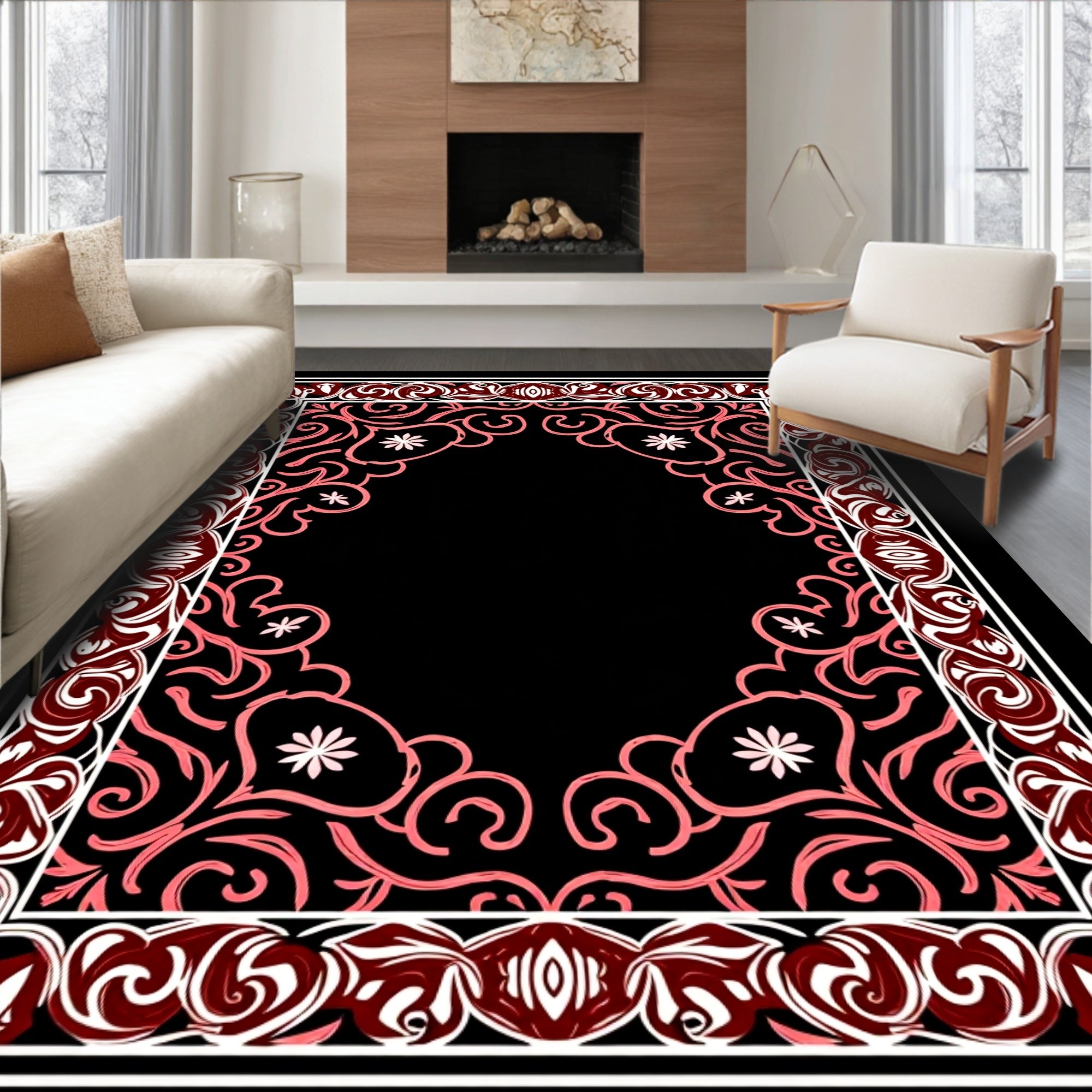 Ornate Coral Swirl Floral Border Rug
