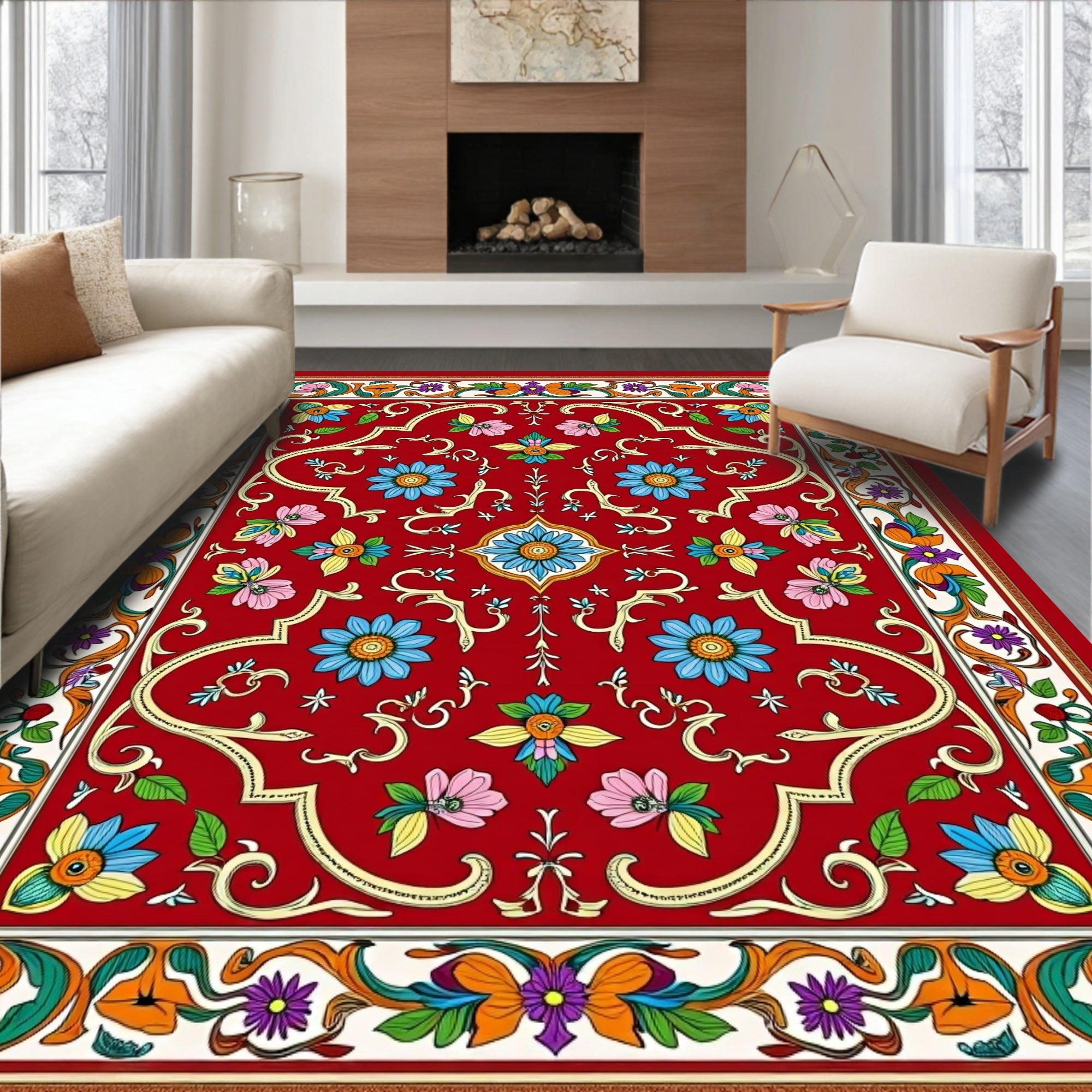 Ornate Red Floral Scroll Medallion Rug
