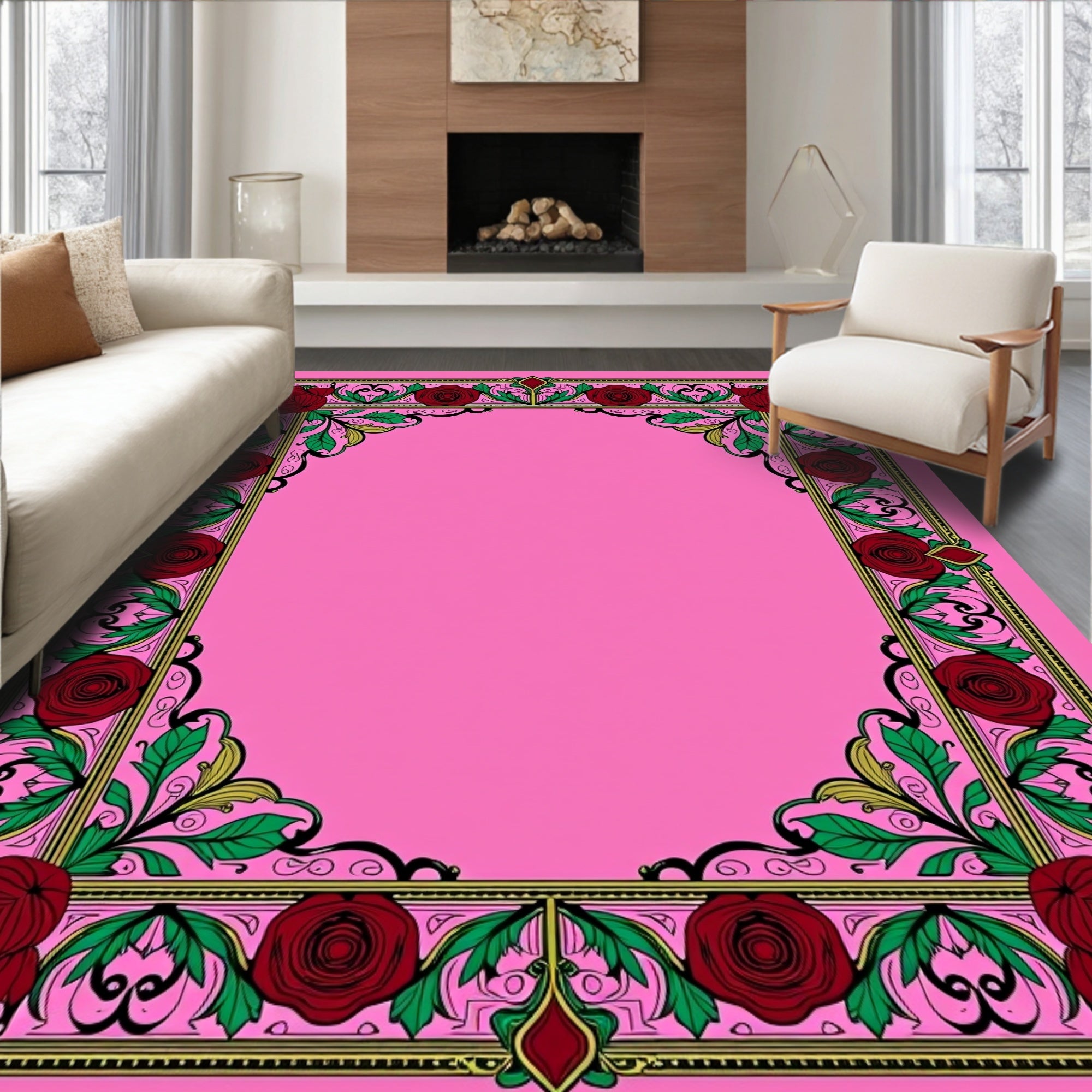 Rich Red Rose Garden Frame Rug