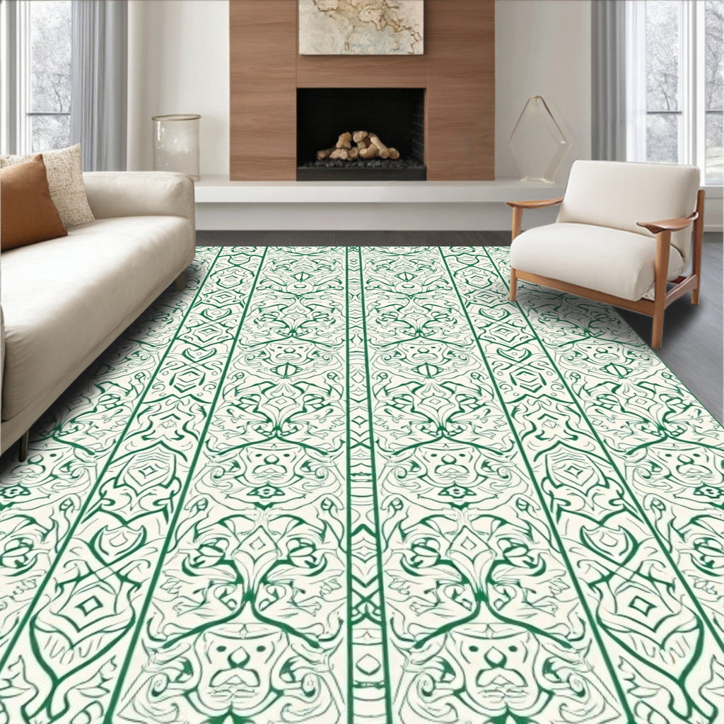 Emerald Green Ornamental Vertical Stripe Rug