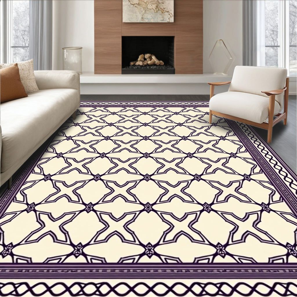 Cream Purple Geometric Lattice Border Rug