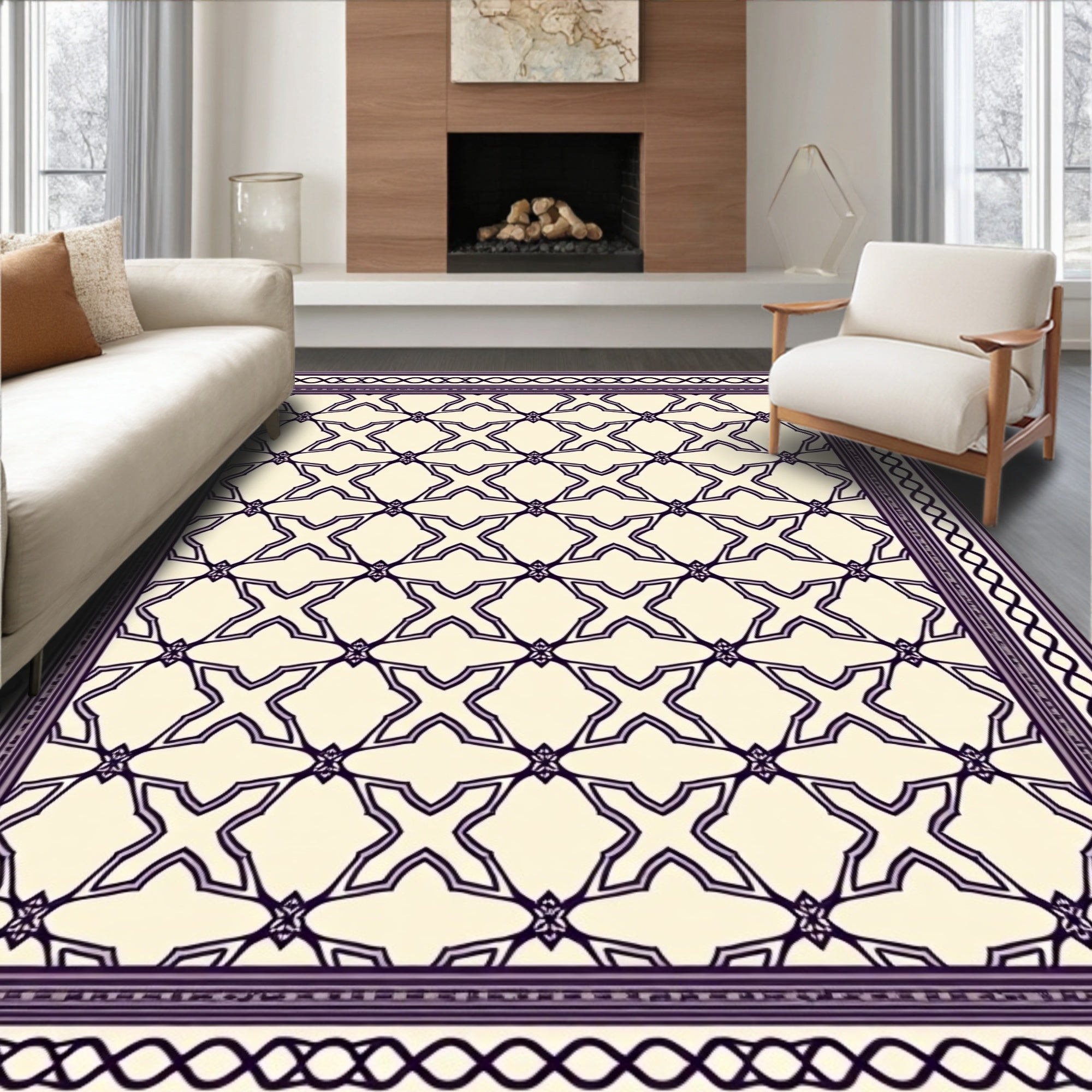 Cream Purple Geometric Lattice Border Rug
