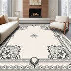 Intricate Black Cream Floral Medallion Border Rug