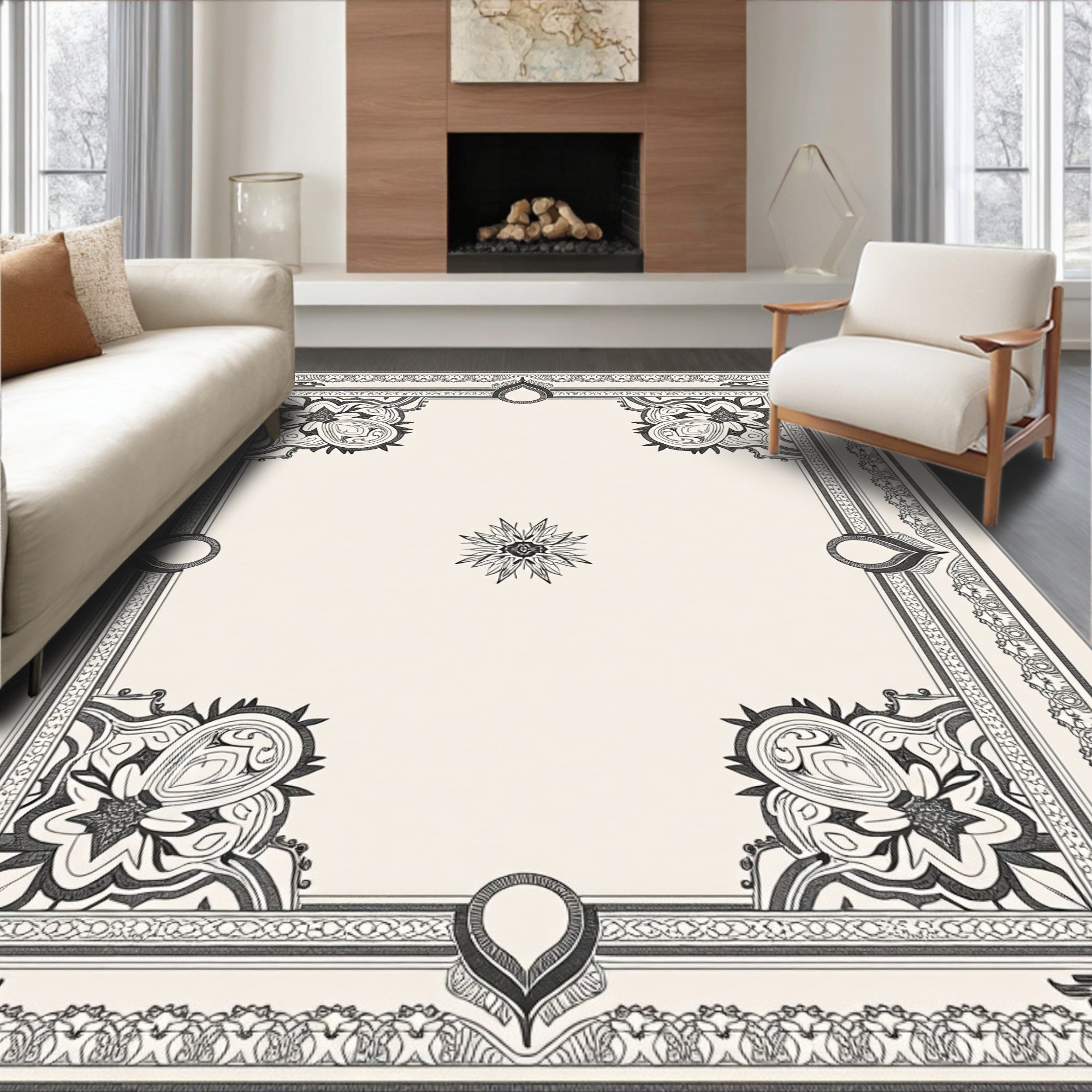 Intricate Black Cream Floral Medallion Border Rug