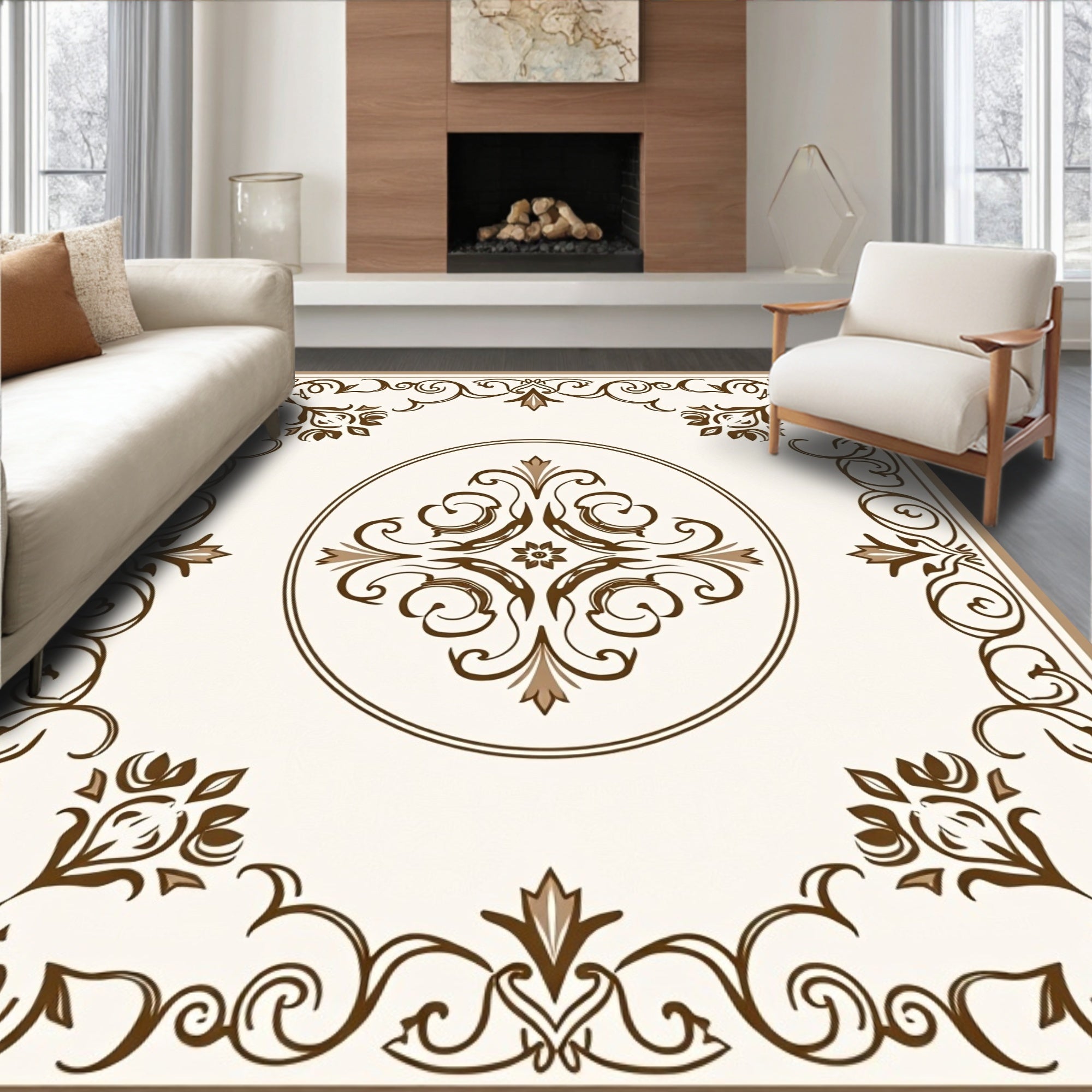 Rich Gold Cream Floral Scroll Rug
