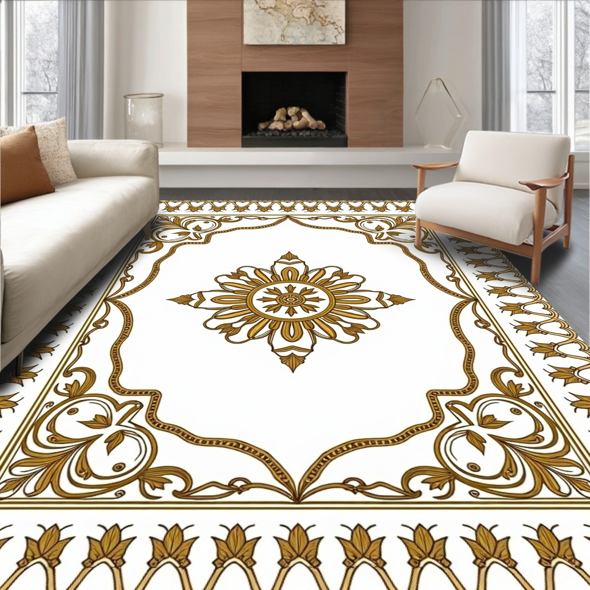 Gold Floral Medallion Ornate Border Rug