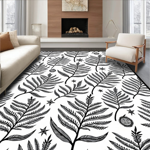 Black Fern and Star Botanical Art Rug