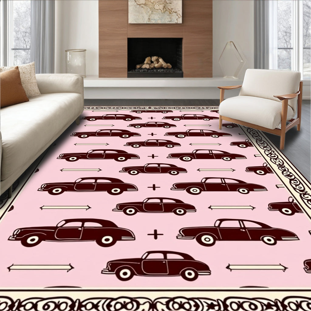 Retro Brown Cars Pink Background Rug