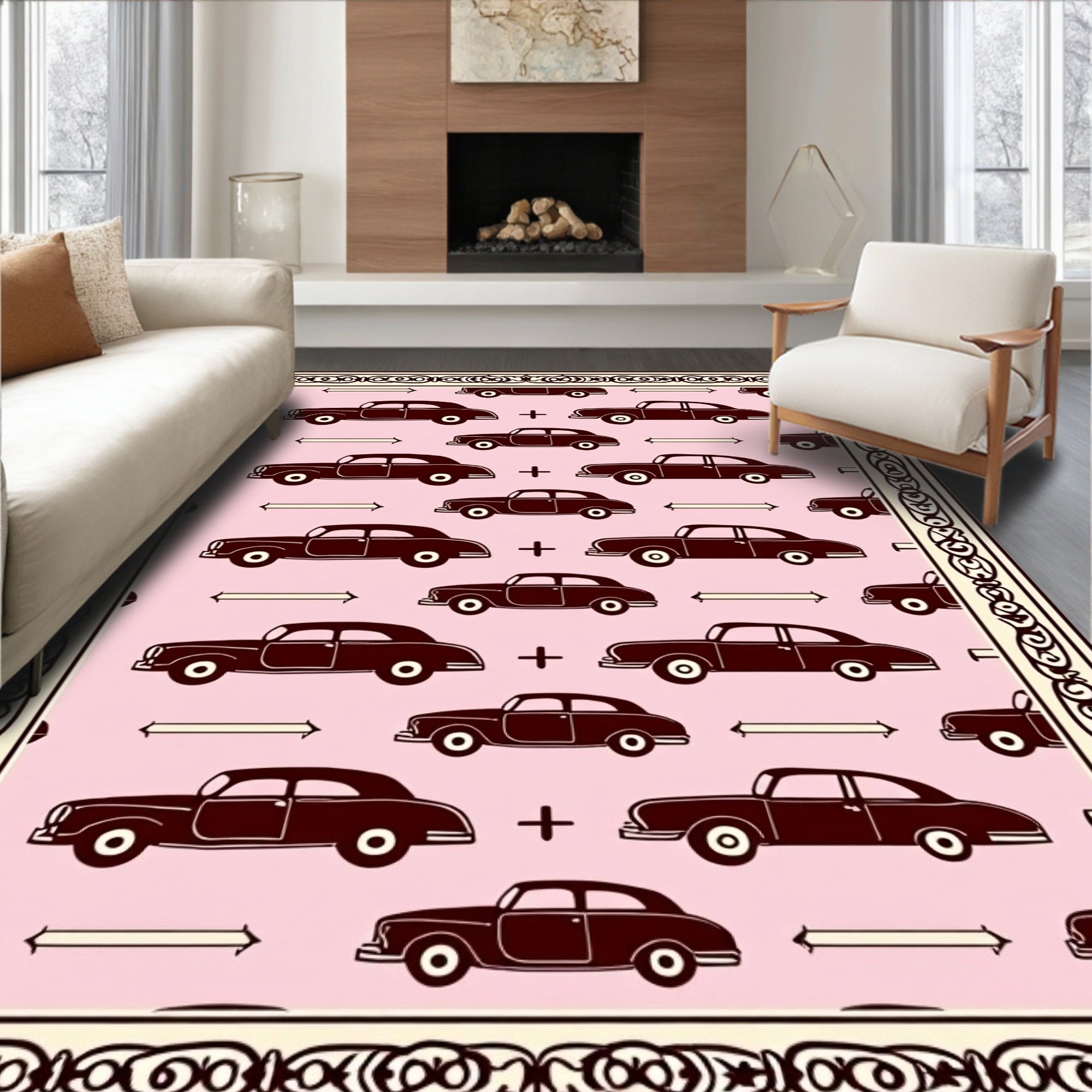 Retro Brown Cars Pink Background Rug
