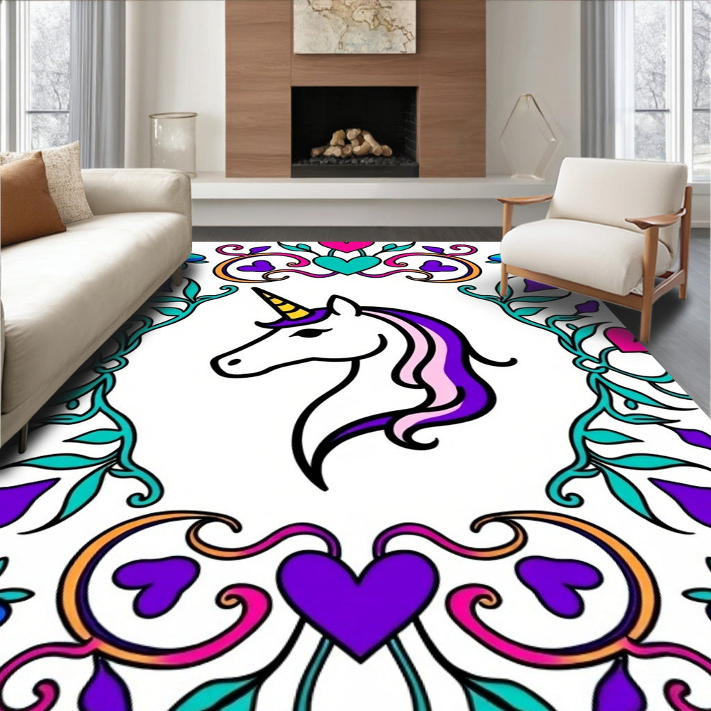 Whimsical Unicorn Heart Floral Frame Rug