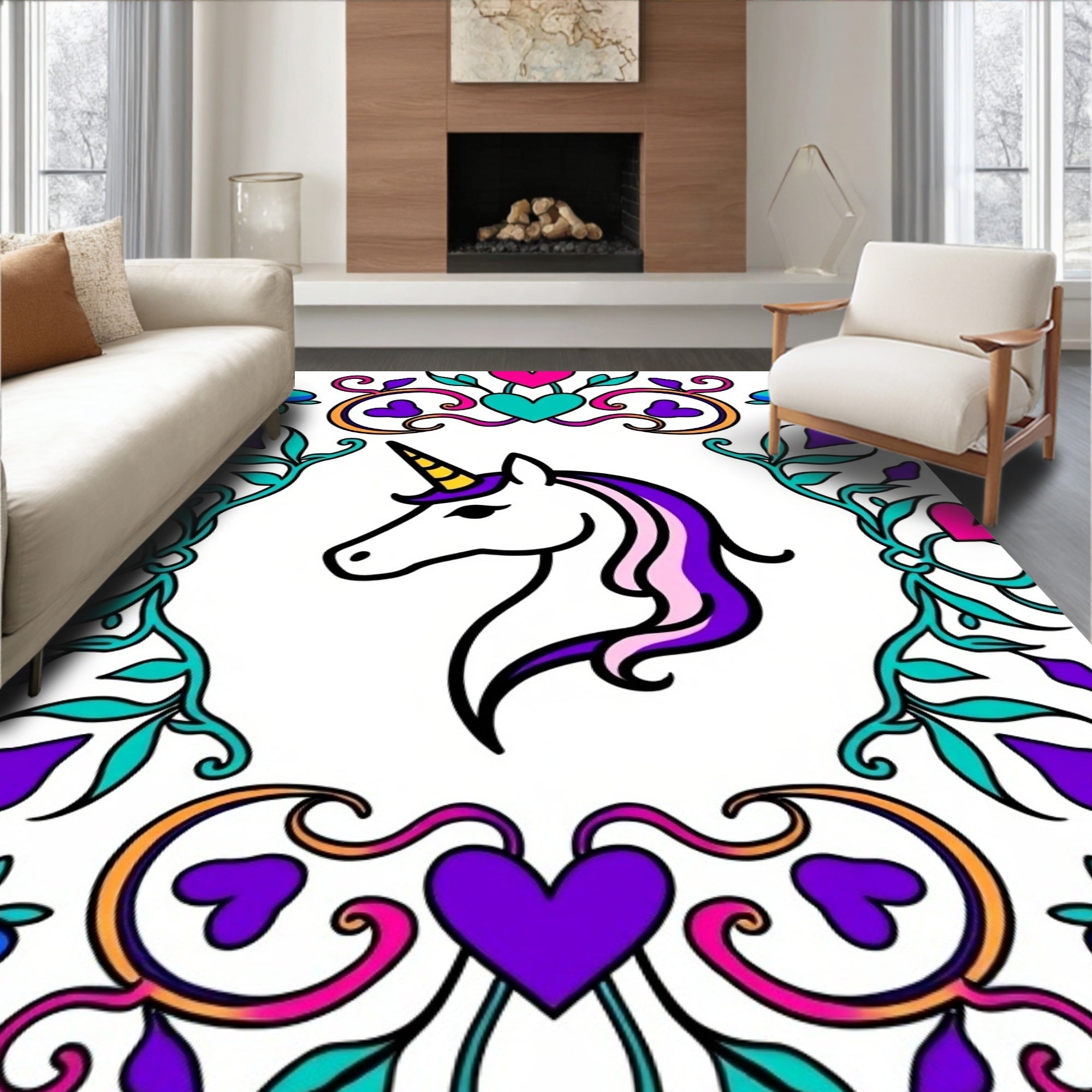Whimsical Unicorn Heart Floral Frame Rug