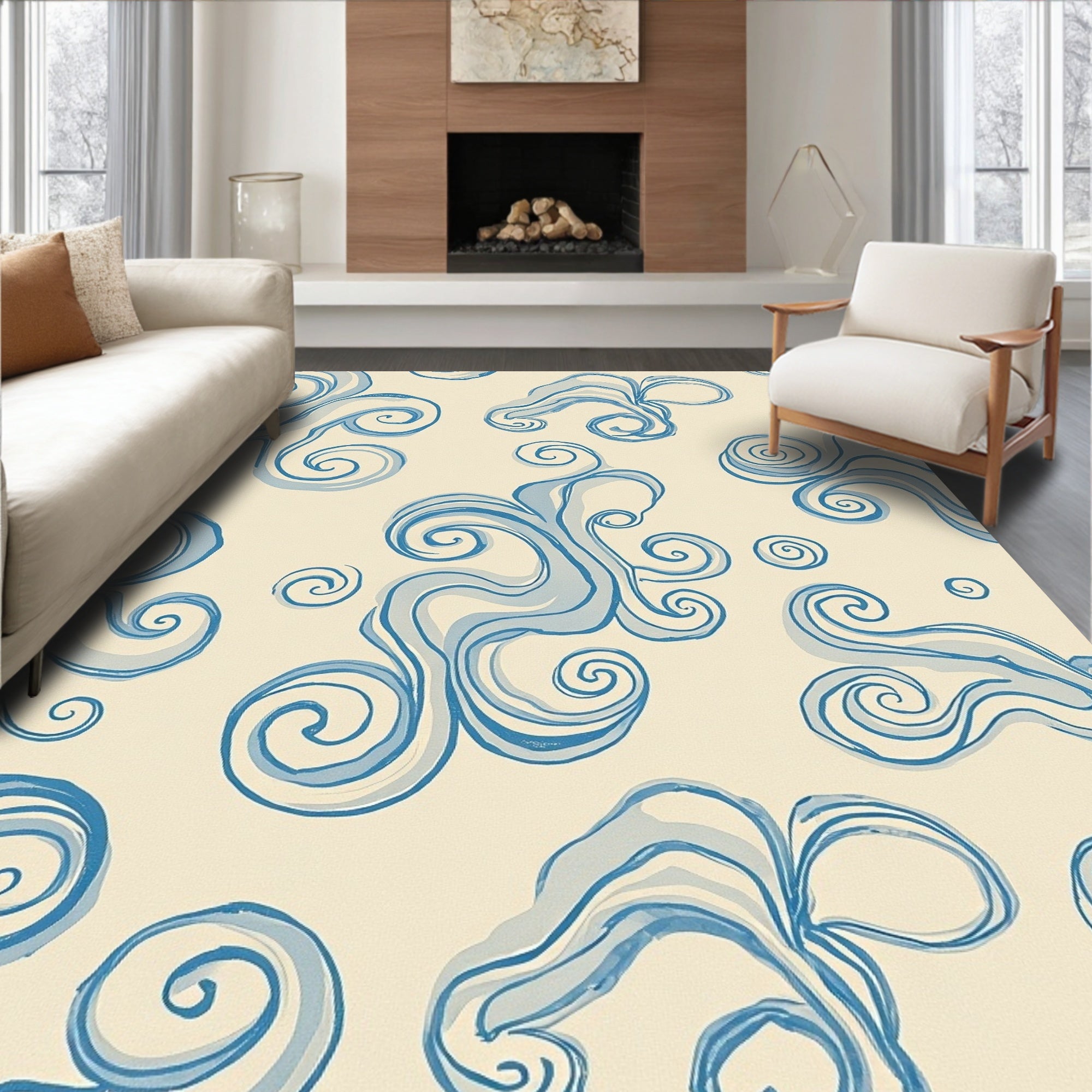 Cream Blue Swirl Abstract Flow Rug