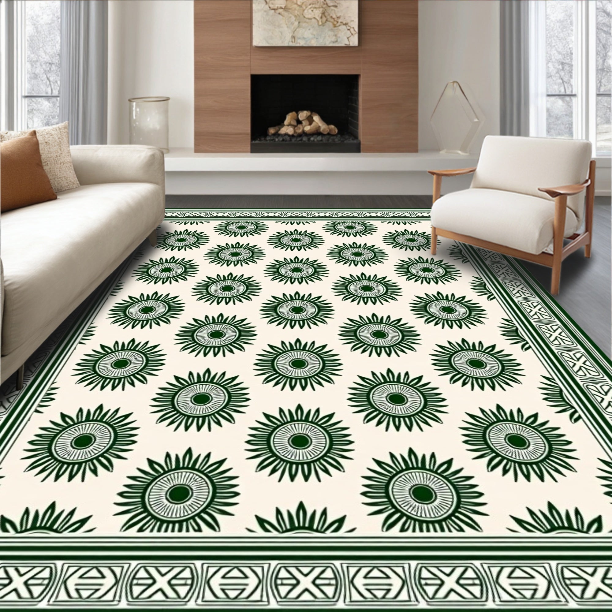 Dark Green Sunburst Floral Border Rug