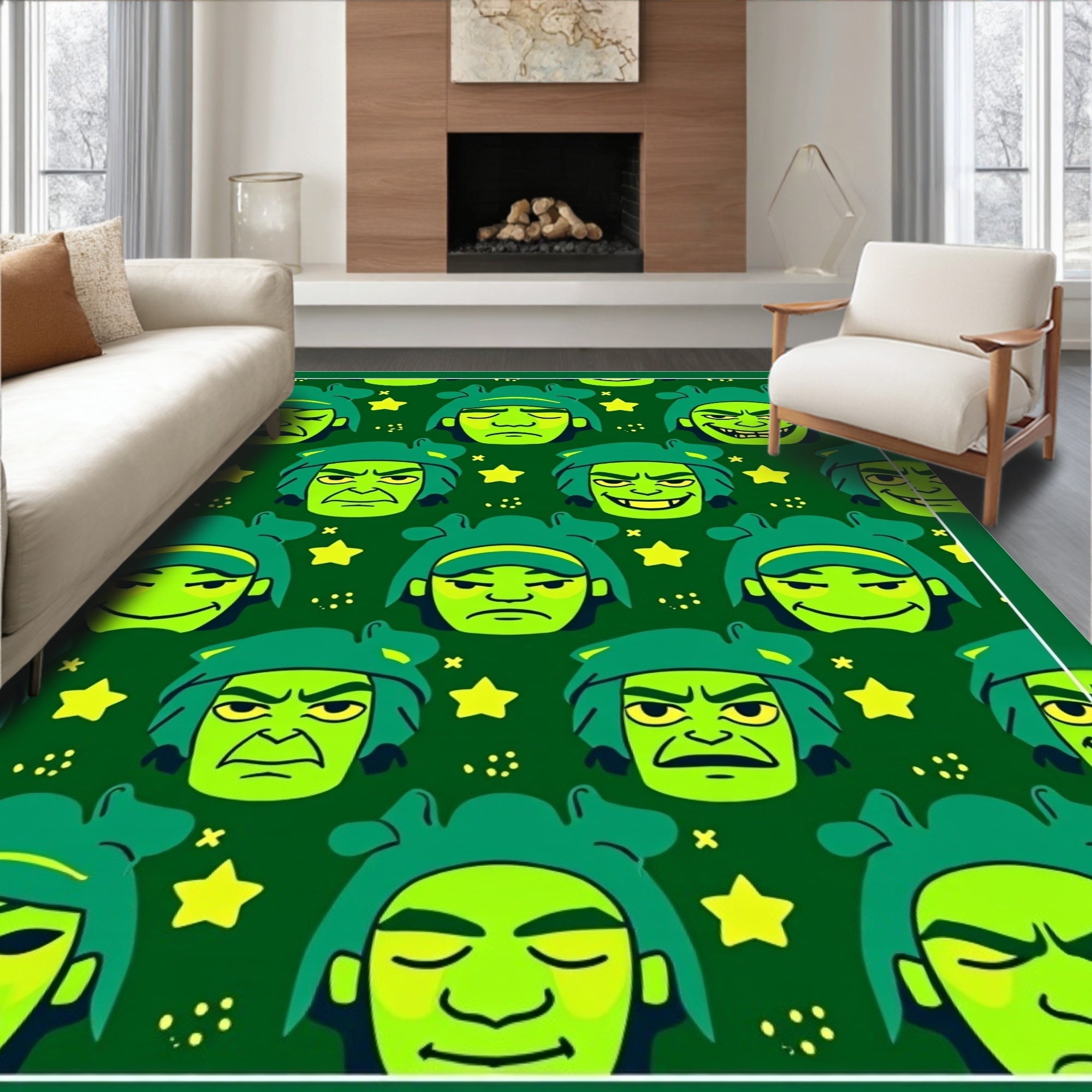 Green Cartoon Face Star Background Rug