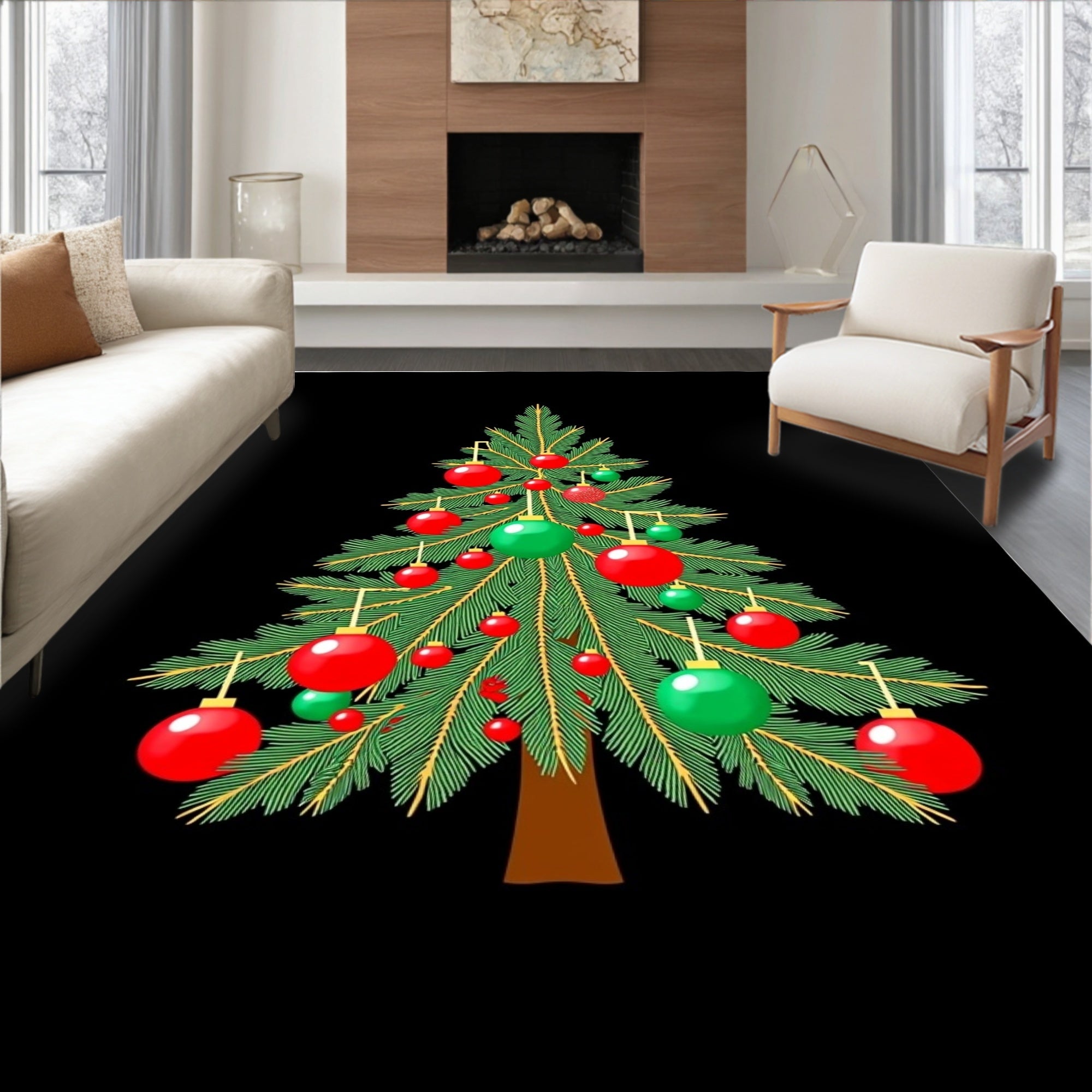 Green Fir Tree Red Ball Ornaments Rug