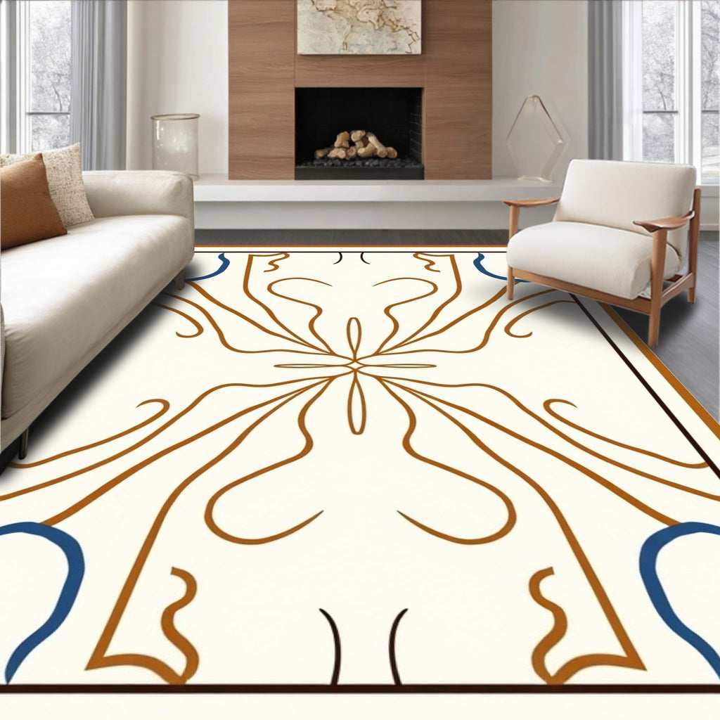 Cream Brown Blue Symmetrical Floral Vine Rug