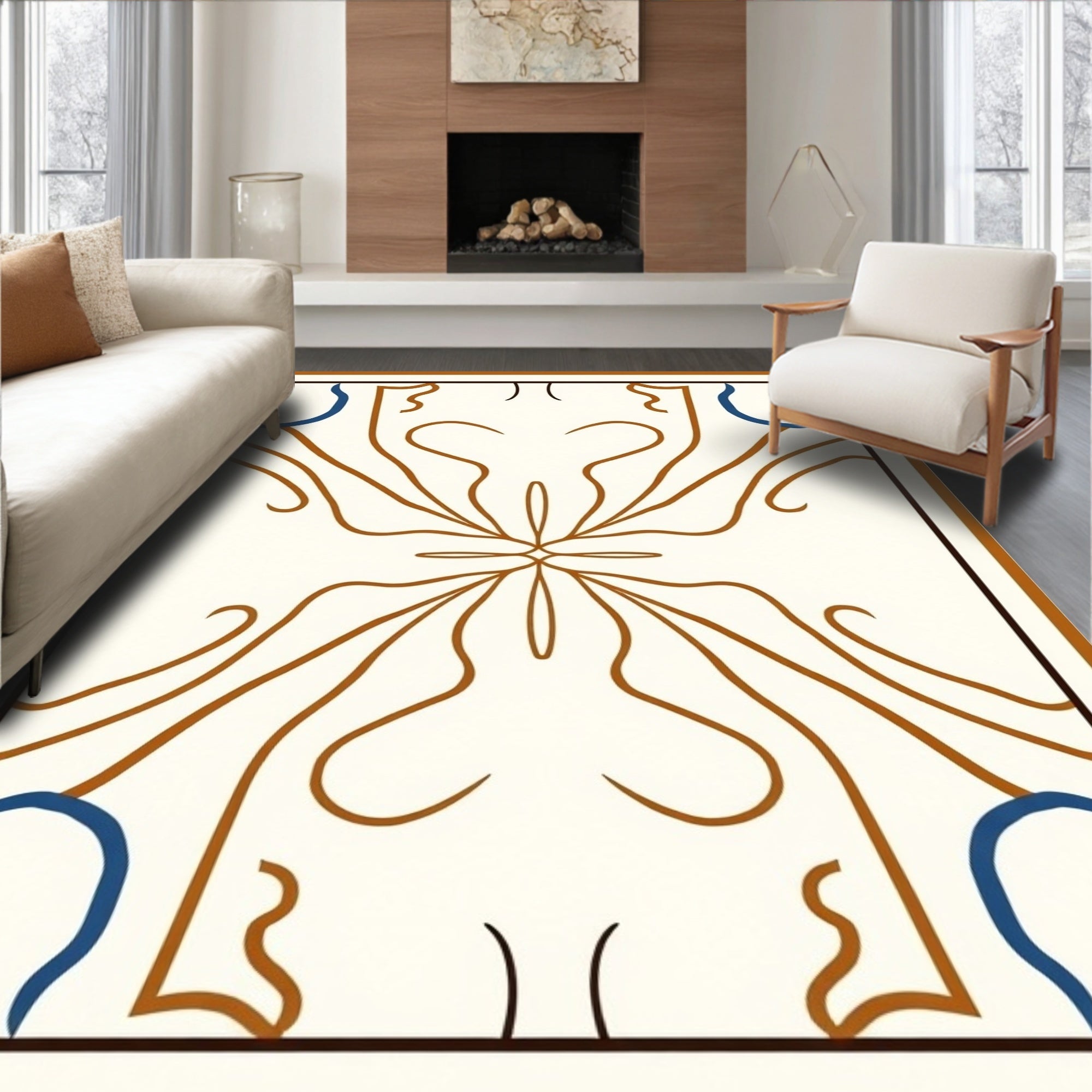 Cream Brown Blue Symmetrical Floral Vine Rug