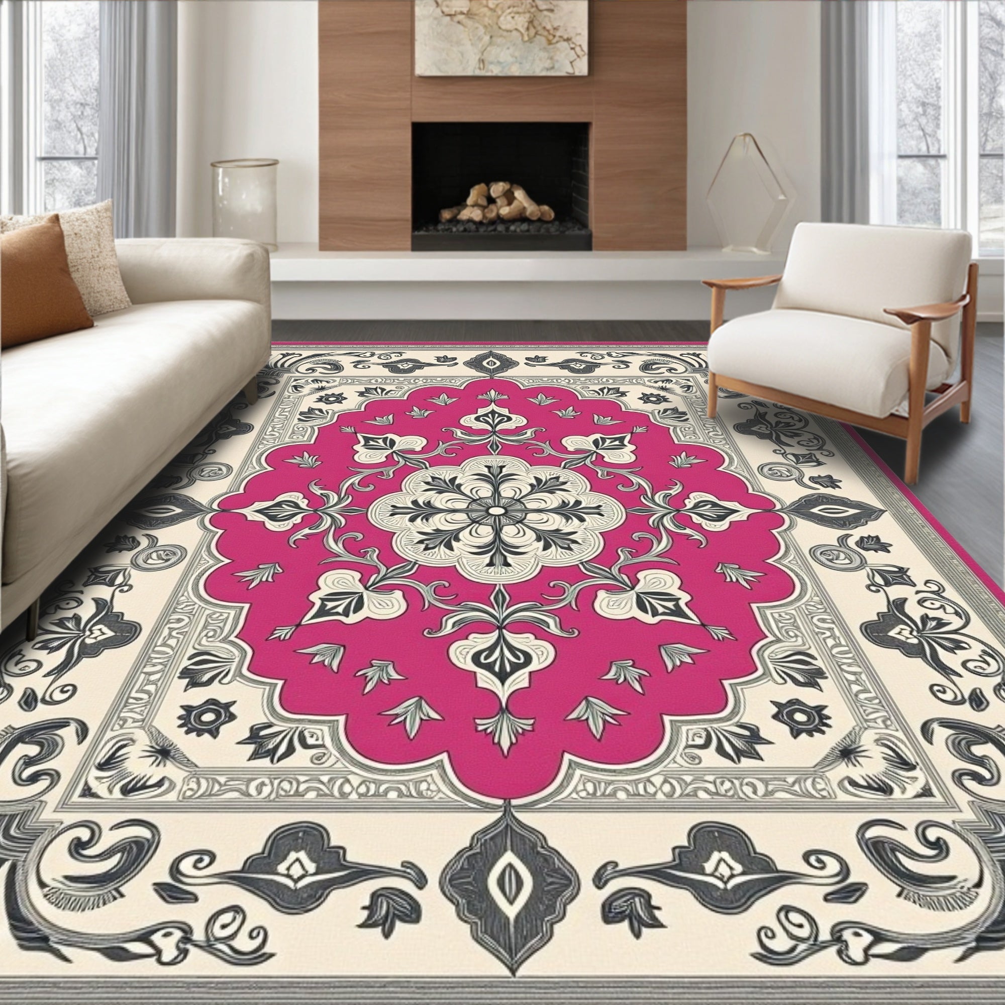 Vibrant Pink Floral Medallion Scrollwork Rug