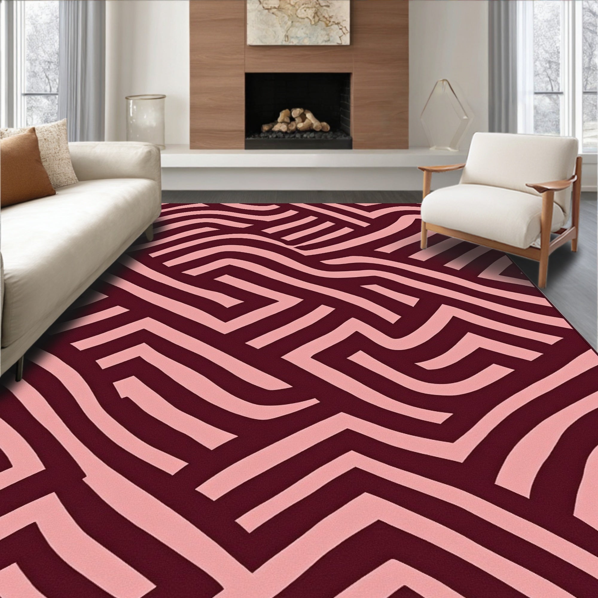 Deep Red Pink Interlocking Maze Rug