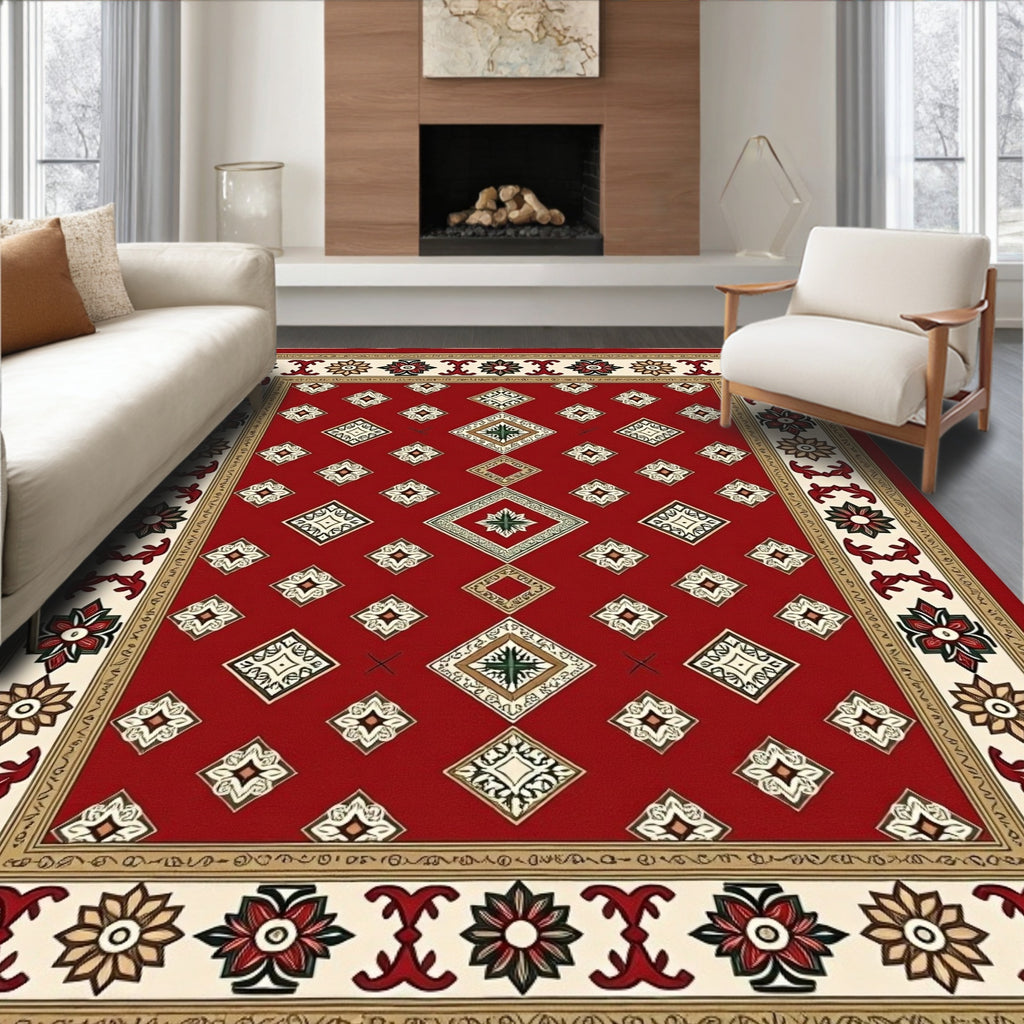 Crimson Diamond Medallion Bordered Rug