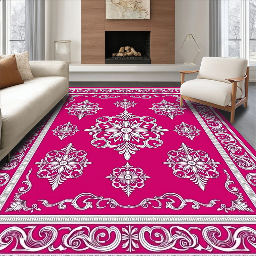 Fuchsia White Floral Filigree Border Rug