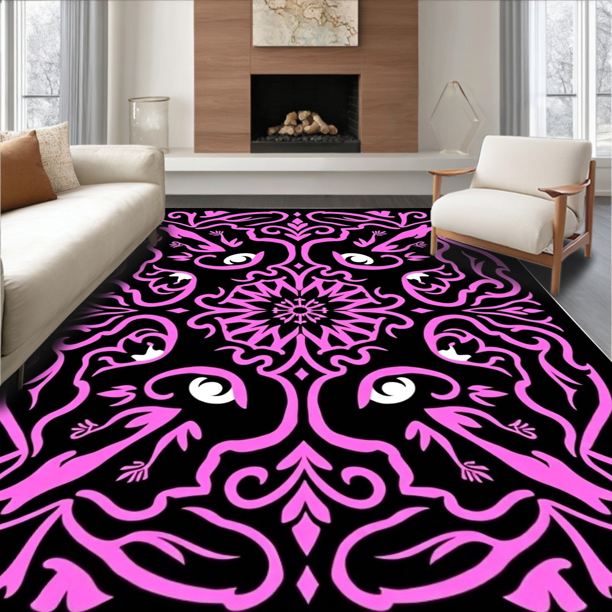 Pink Black Abstract Animal Mandala Rug