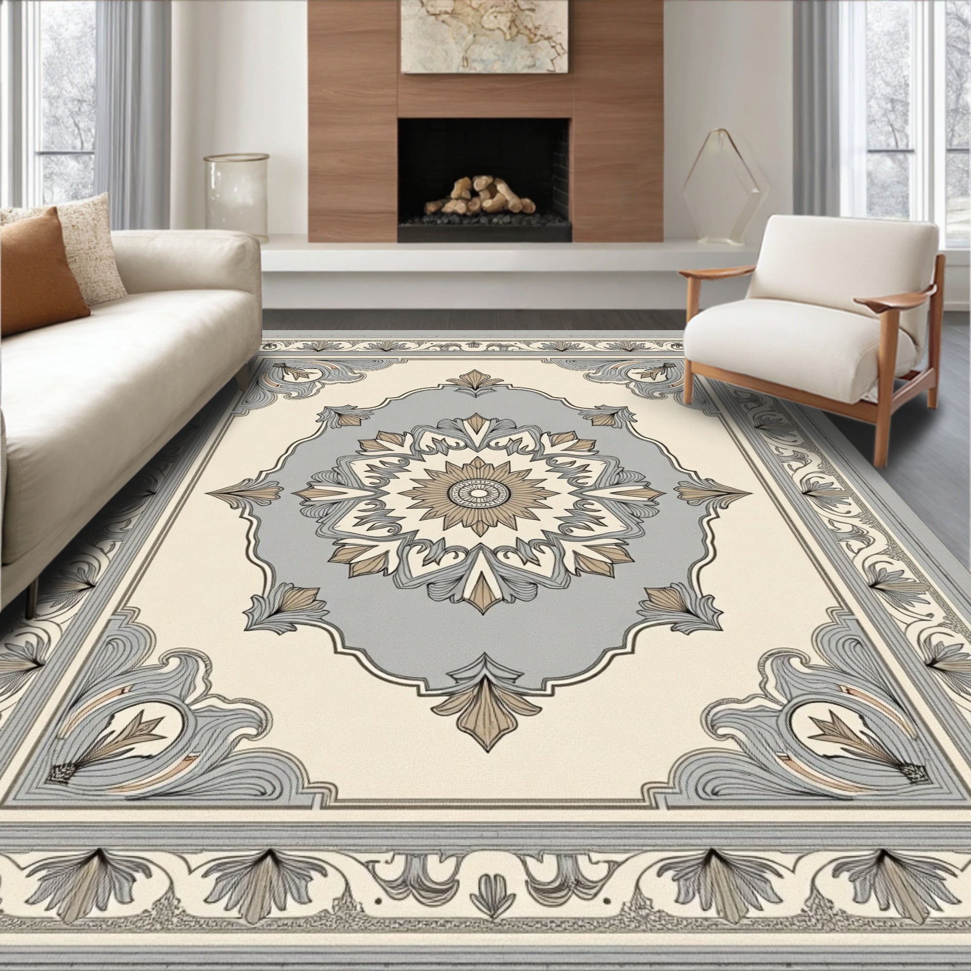 Elegant Silver Cream Floral Medallion Rug
