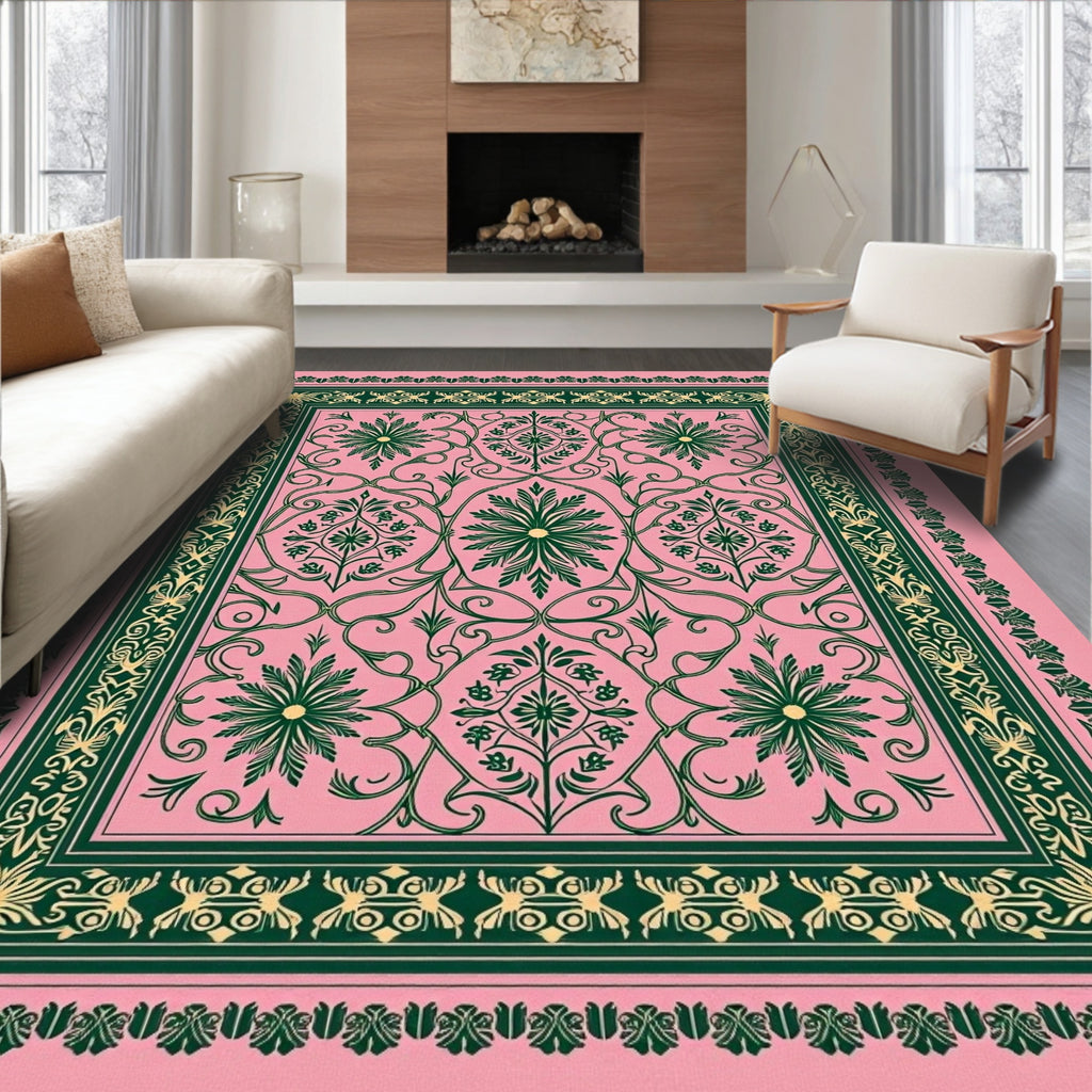 Pink Green Floral Scroll Border Rug