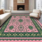 Pink Green Floral Scroll Border Rug