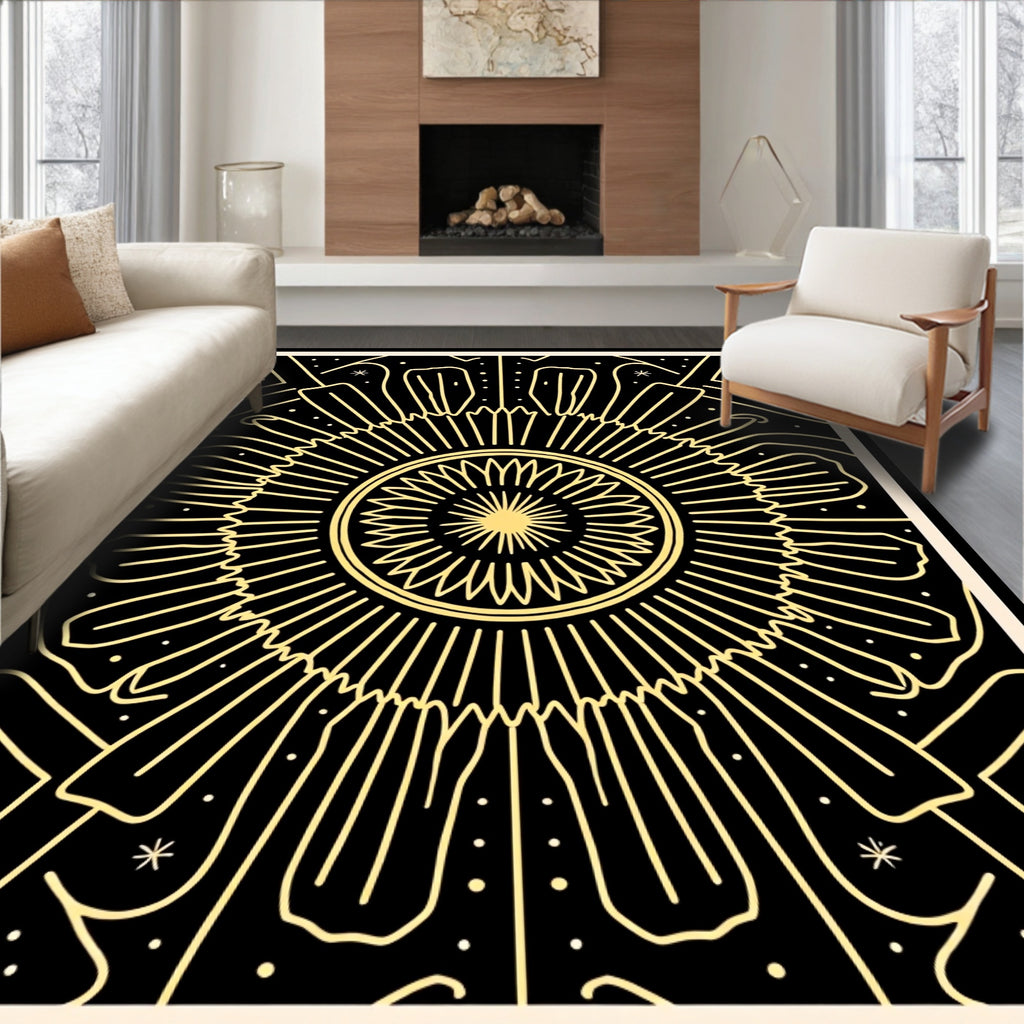 Black Golden Sunburst Mandala Lines Rug