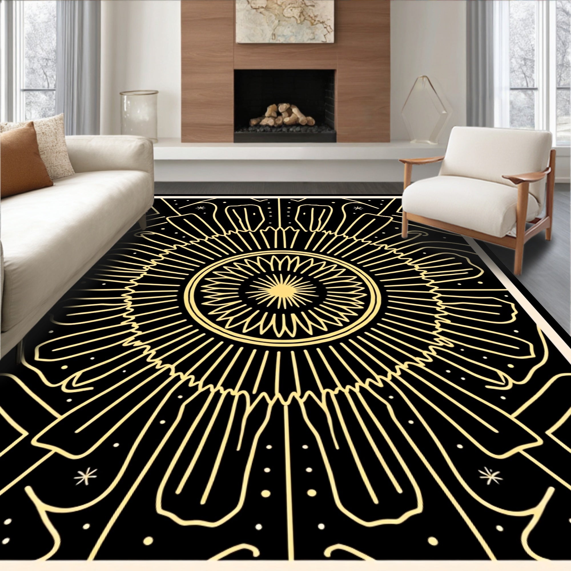Black Golden Sunburst Mandala Lines Rug