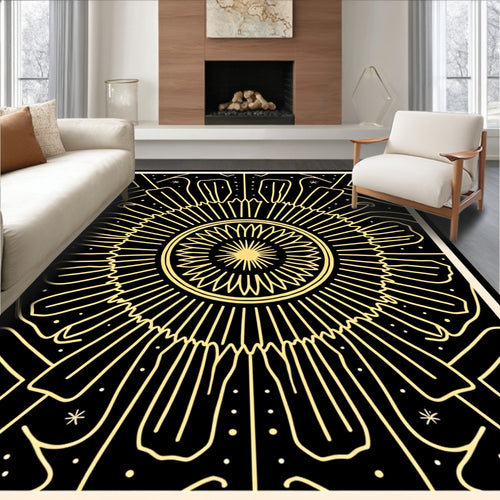 Black Golden Sunburst Mandala Lines Rug