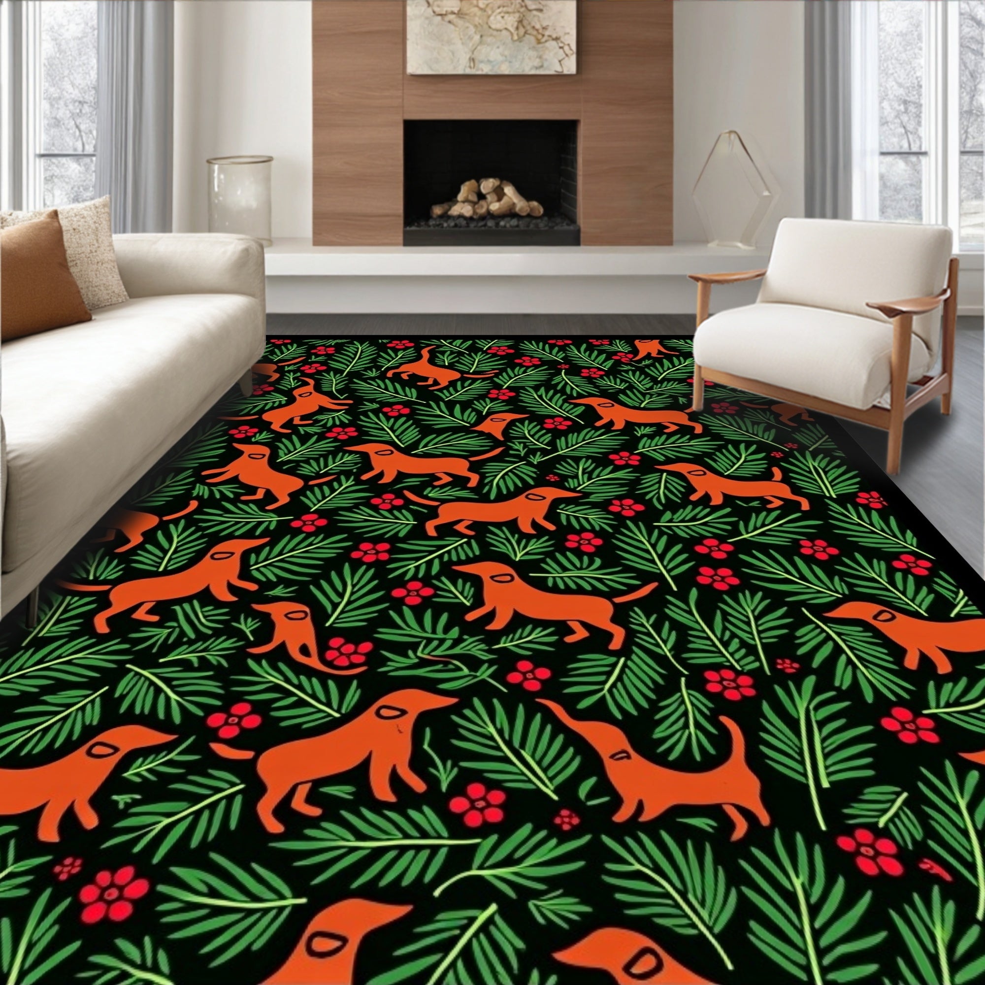 Orange Dachshunds Among Green Ferns Rug
