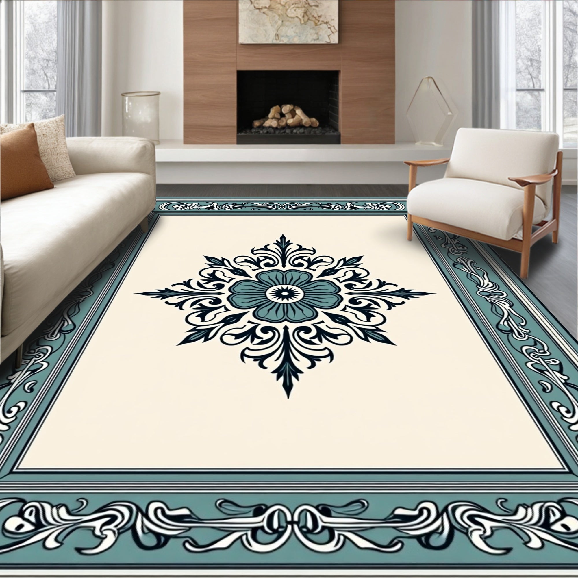 Teal and cream floral ornate frame Rug