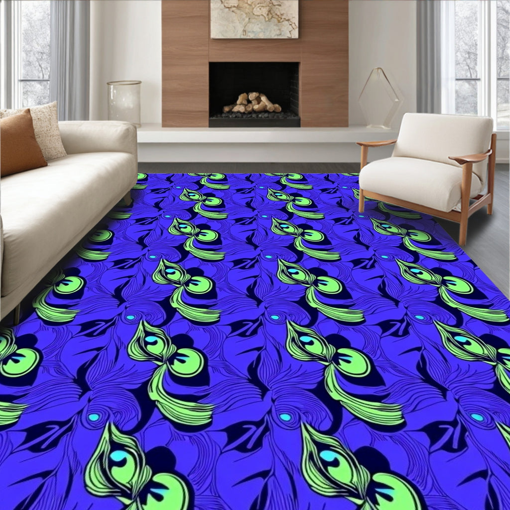 Vibrant Blue Green Peacock Feather Art Rug