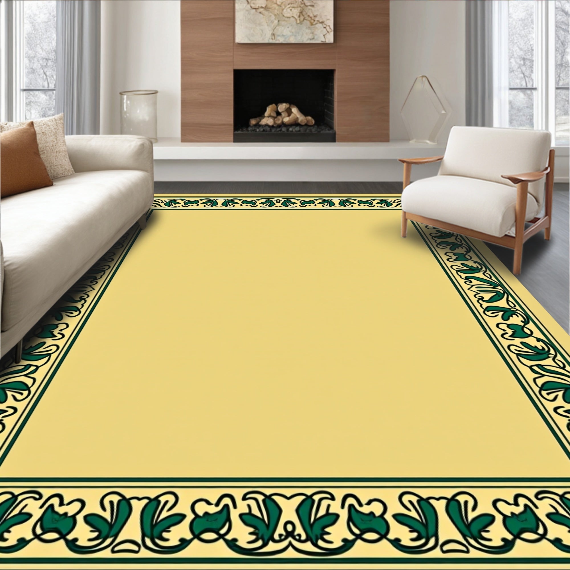 Golden Green Nouveau Floral Border Rug