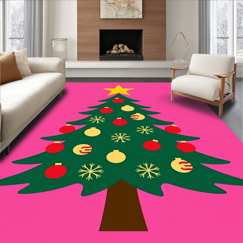 Festive Pink Green Star Ornament Tree Rug