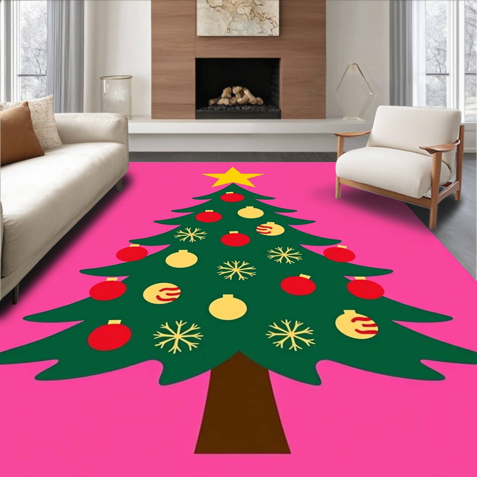 Festive Pink Green Star Ornament Tree Rug