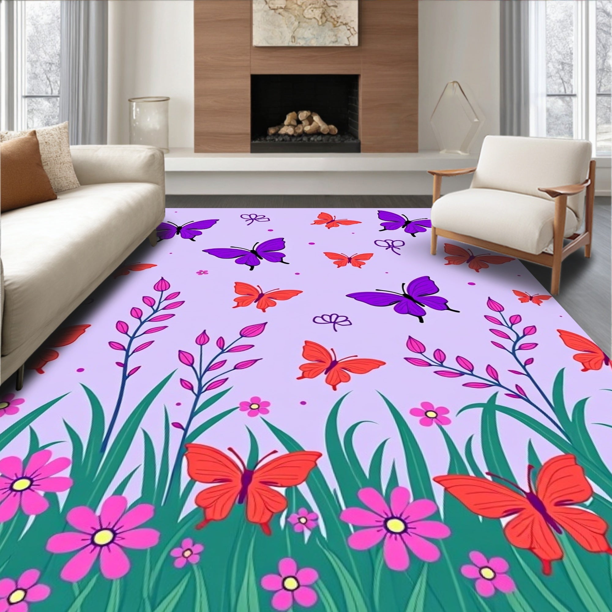 Purple and Coral Butterfly Meadow Rug