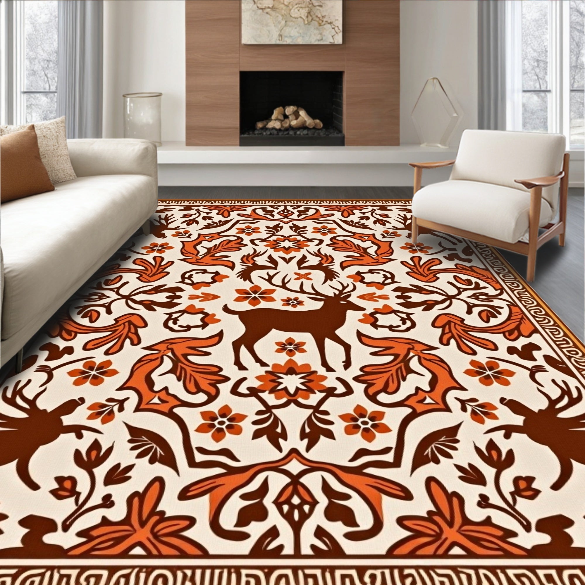 Brown White Deer Floral Forest Medallion Rug