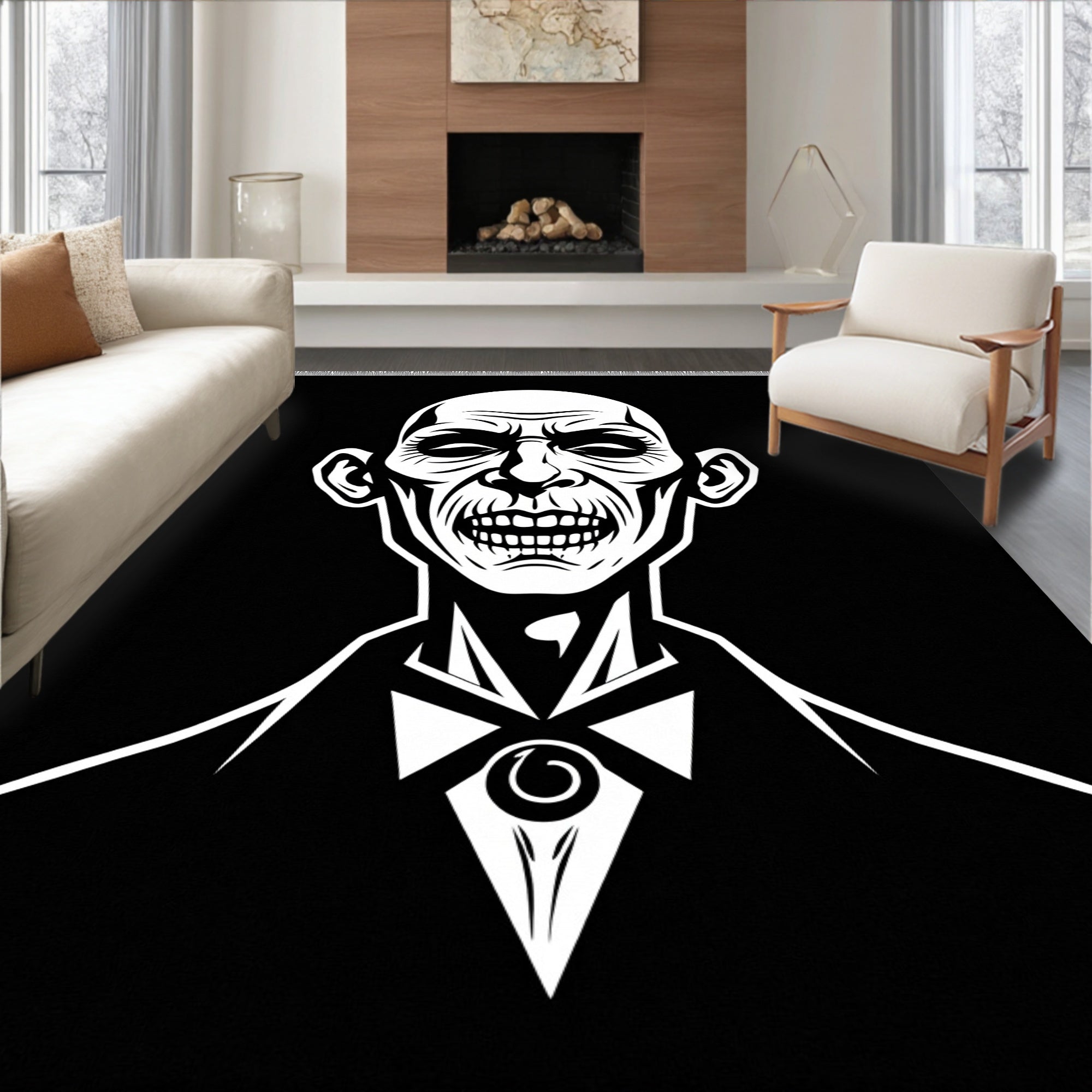 Bold Black White Grotesque Portrait Rug