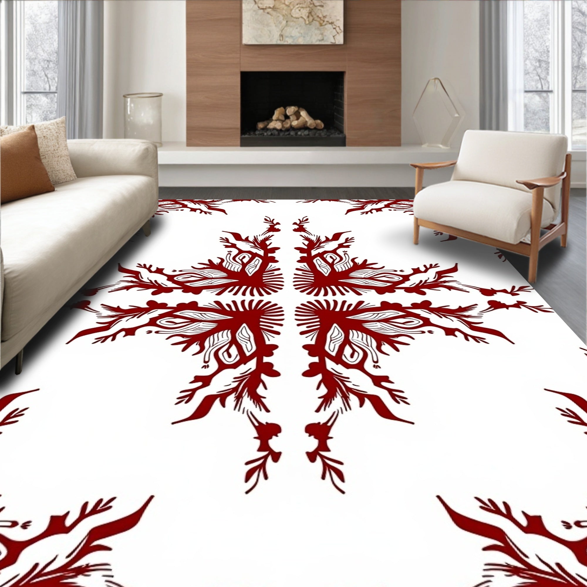 Crimson Stylized Branch Mandala Rug