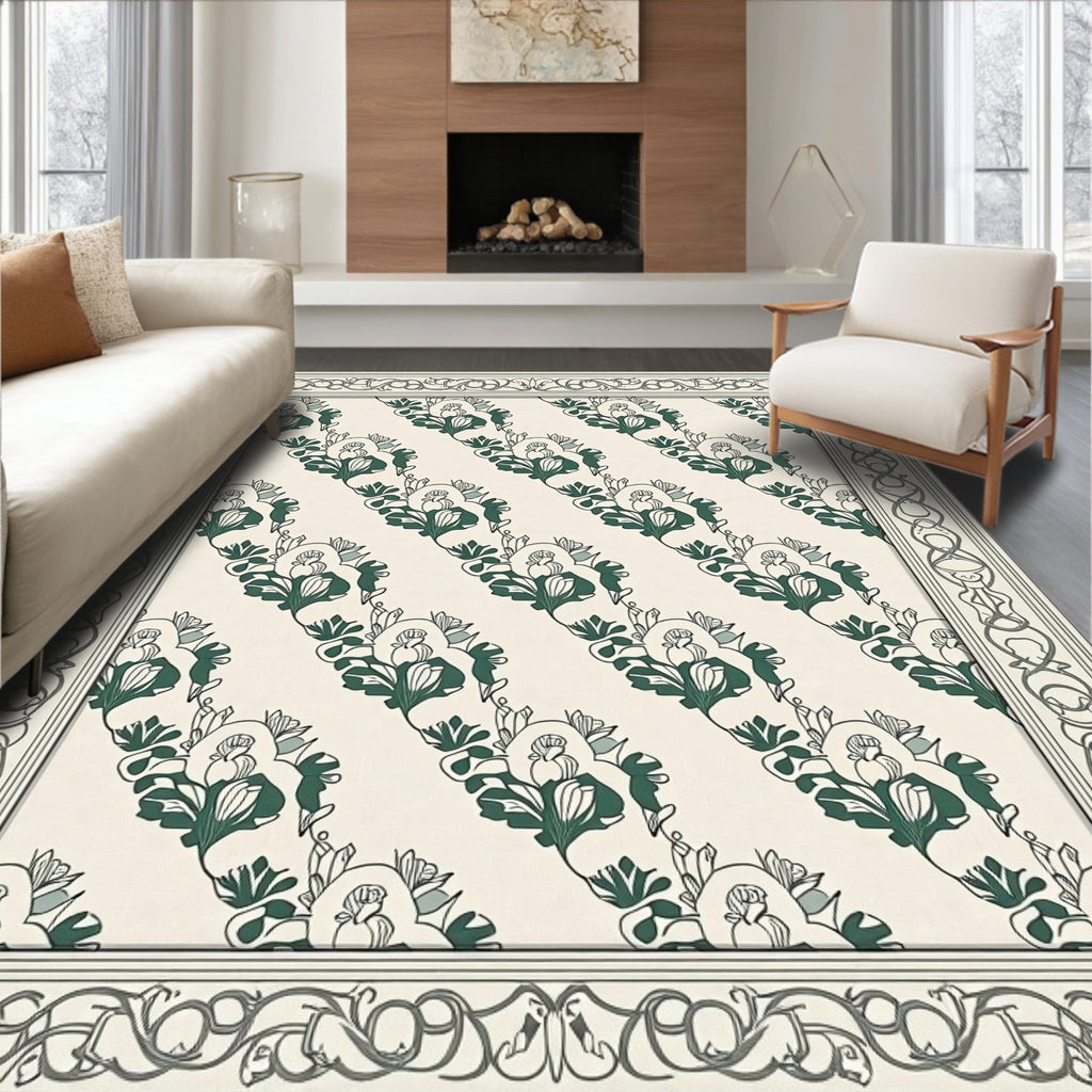 Green Floral Scroll Border Rug
