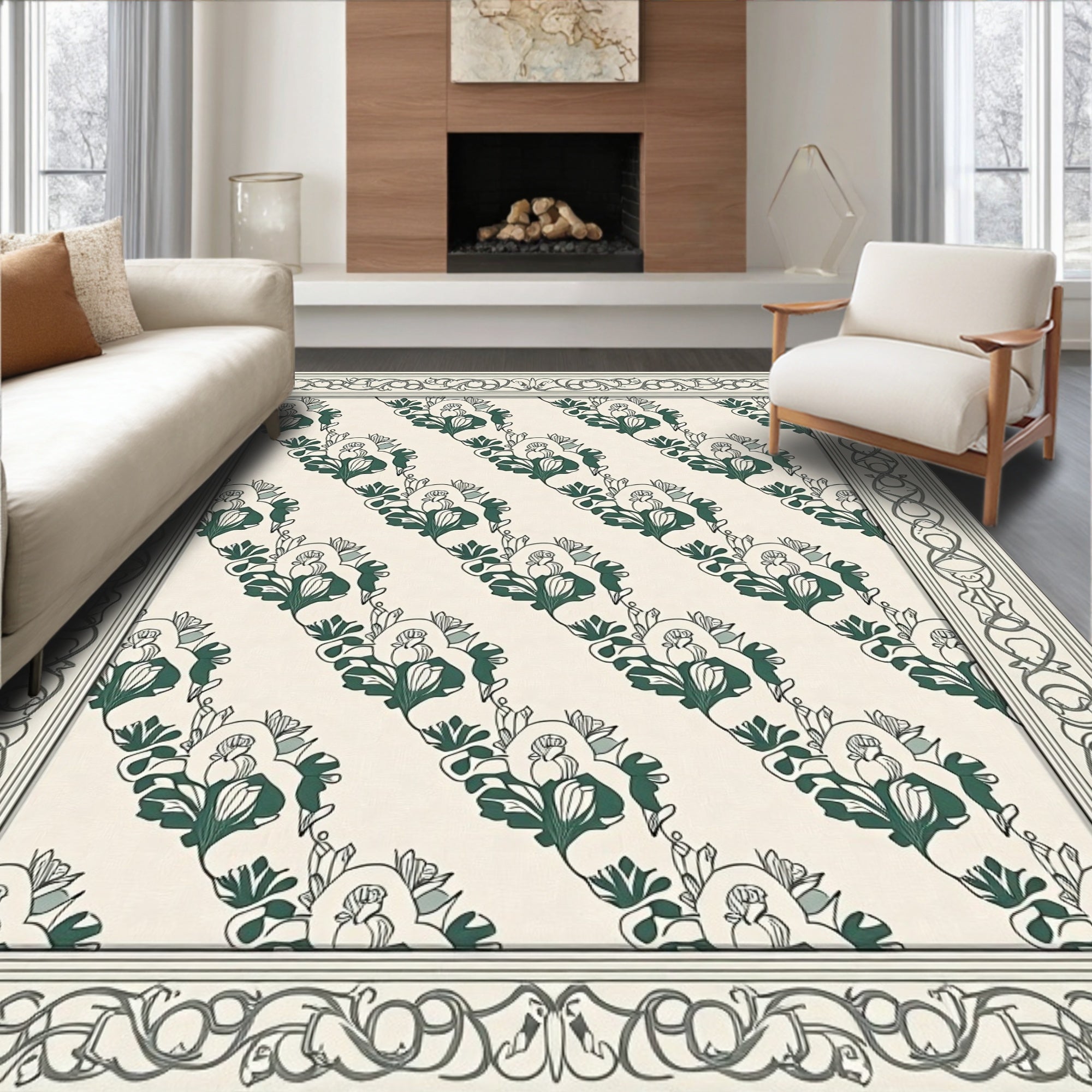 Green Floral Scroll Border Rug